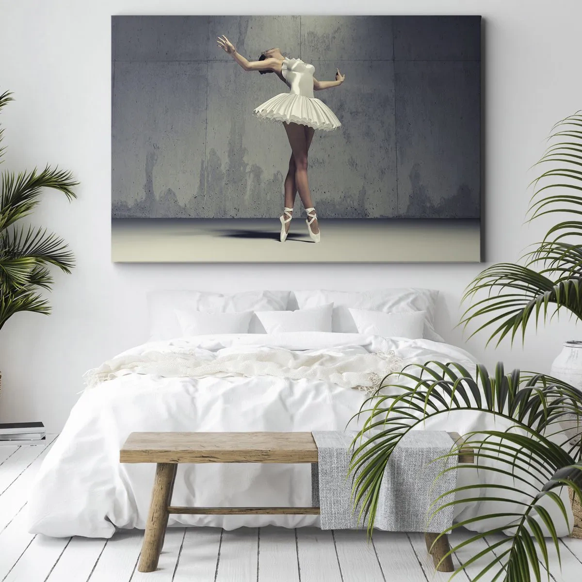 Obraz na płótnie - Tancerka baletowa w białej sukni na tle surowej ściany - 70x50cm - Lekko jak ptak - Nowoczesna dekoracja ścienna do salonu i sypialni ARTTOR