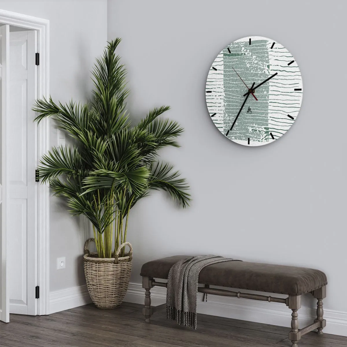 Zegar ścienny - Graficzna kompozycja z poziomymi liniami w odcieniach morskiej zieleni - 30x30cm - Abstrakcja morska - Nowoczesna dekoracja ścienna do salonu, kuchni i sypialni ARTTOR