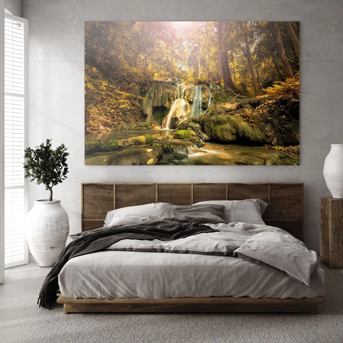 Obraz na szkle - Leśna kaskada w zieleni - 120x80cm - Leśna kaskada w zieleni - Nowoczesna dekoracja ścienna do salonu, kuchni i sypialni ARTTOR