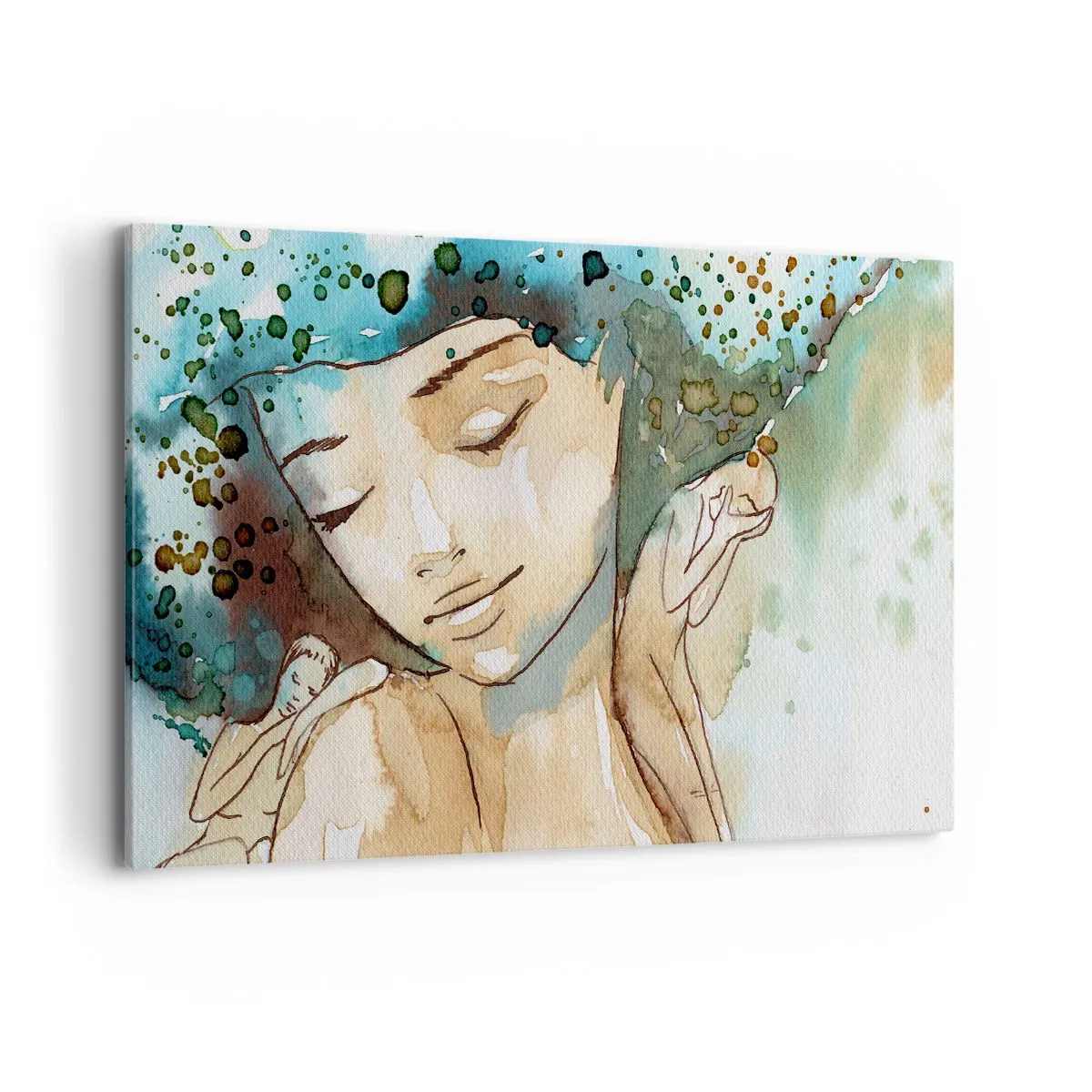 Obraz na płótnie - Portret kobiety w delikatnych akwarelowych barwach - 120x80cm - Lady in blue - Nowoczesna dekoracja ścienna do salonu, kuchni i sypialni ARTTOR