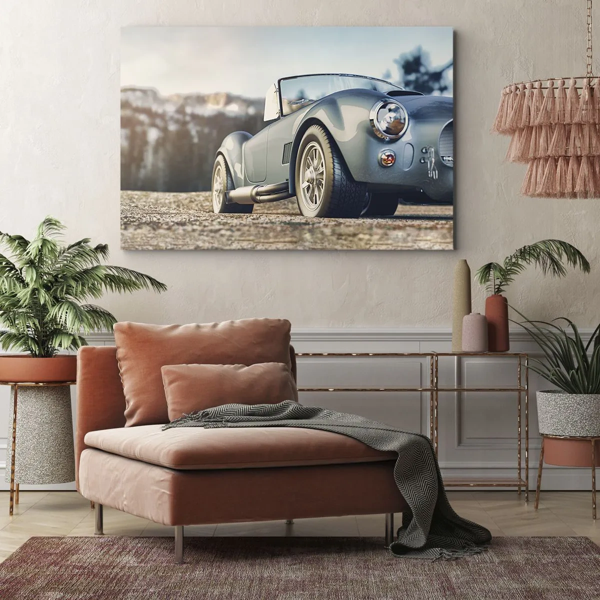 Obraz na płótnie - Klasyczny samochód kabriolet w malowniczym plenerze - 70x50cm - Bo liczy się styl - Nowoczesna dekoracja ścienna do salonu i sypialni ARTTOR