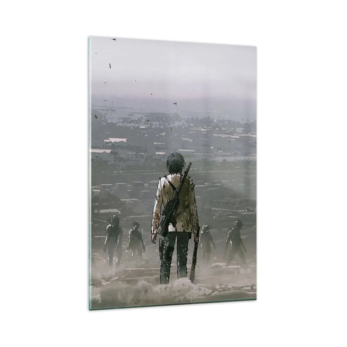 Obraz na szkle - Postać z bronią stojąca naprzeciw grupy w dystopijnym krajobrazie - 80x120cm - Ostatni sprawiedliwy? - Nowoczesna dekoracja ścienna do salonu i sypialni ARTTOR