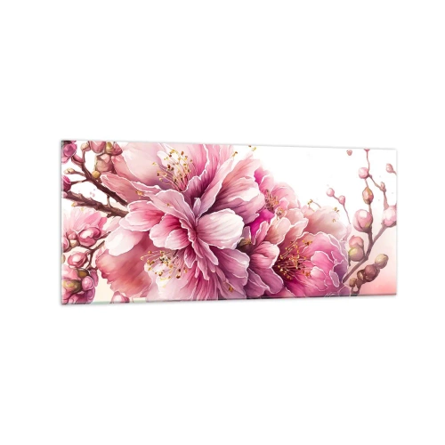 Obraz na szkle - Delikatne kwiaty wiśni w pełnym rozkwicie na jasnym tle - 120x50cm - Kwiat kwitnącej wiśni - Nowoczesna dekoracja ścienna do salonu i sypialni ARTTOR