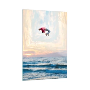 Obraz na szkle - Mężczyzna wykonujący skok nad morzem w surrealistycznej ramie - 50x70cm - Do innego wymiaru - Nowoczesna dekoracja ścienna do salonu, kuchni i sypialni ARTTOR