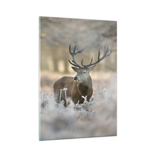Obraz na szkle - Jeleń na mroźnej polanie w otoczeniu zimowego lasu - 50x70cm - Rześki poranek - Nowoczesna dekoracja ścienna do salonu, kuchni i sypialni ARTTOR