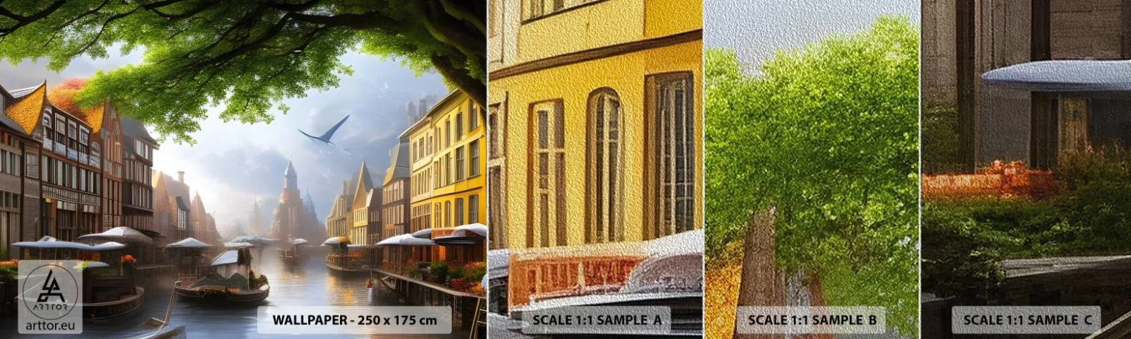 Fototapeta Próbka Premium Sand - Niderlandzki pejzaż miejski - Stare Miasto, Łodzie, Kanał - 100x30 cm