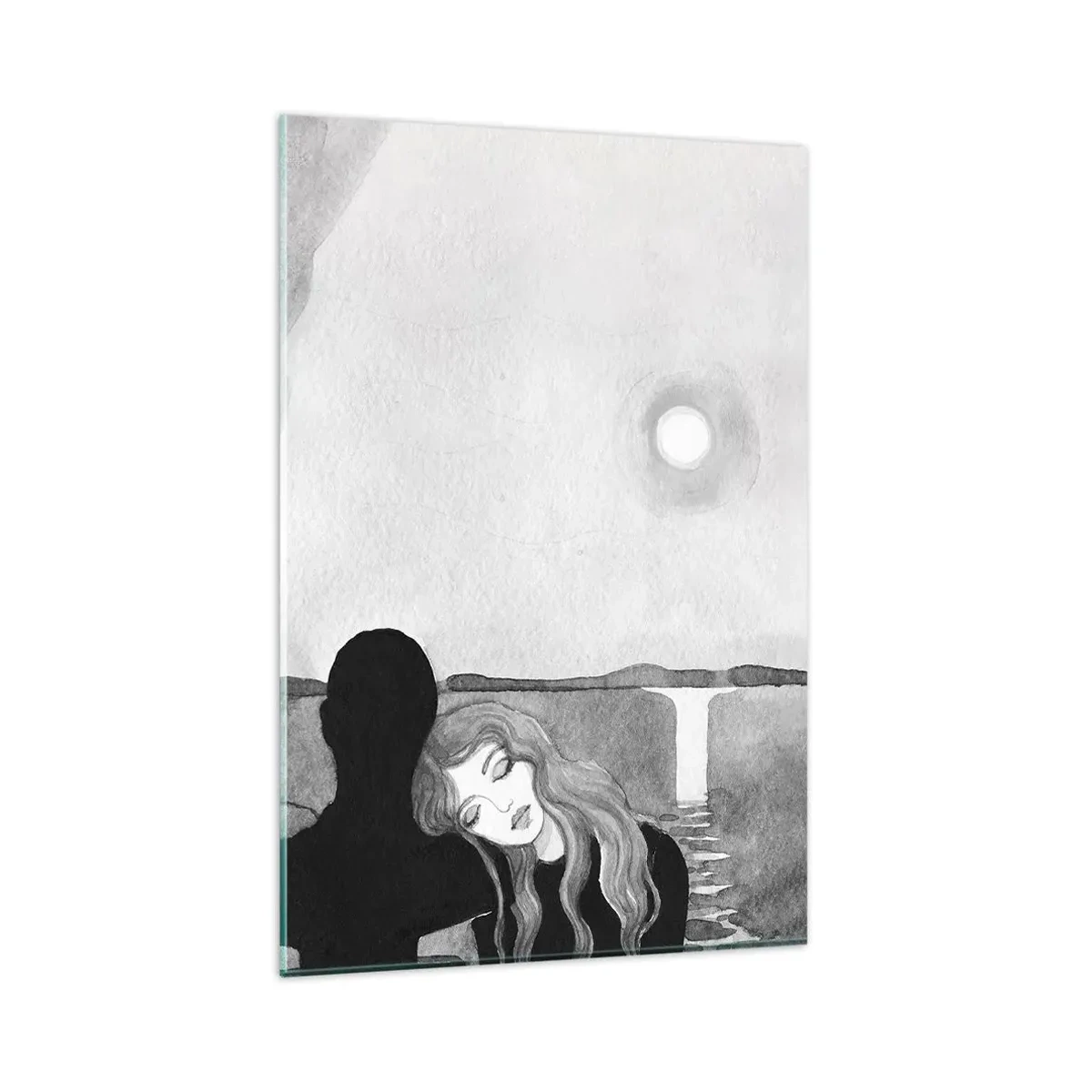 Obraz na szkle - Sylwetka kobiety opierającej głowę na ramieniu postaci w cieniu na tle księżyca i wodospadu - 80x120cm - Zawsze tajemnica - Nowoczesna dekoracja ścienna do salonu i sypialni ARTTOR