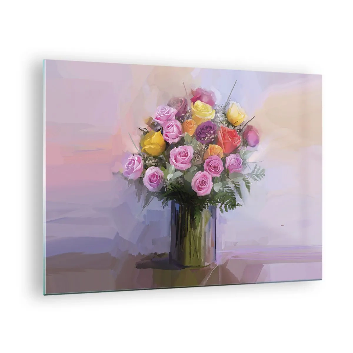Obraz na szkle - Bukiet róż w szklanym wazonie na pastelowym tle - 70x50cm - Zatrzymane piękno - Nowoczesna dekoracja ścienna do salonu i sypialni ARTTOR
