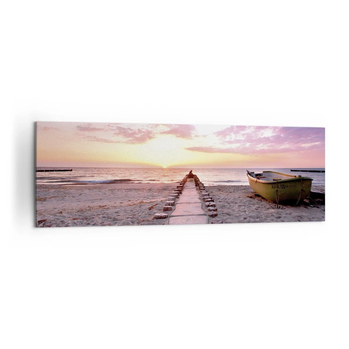 Obraz na płótnie - Plaża o wschodzie słońca z łodzią i pomostem - 160x50cm - Chwila głębokiego przeżycia - Nowoczesna dekoracja ścienna do salonu i sypialni ARTTOR
