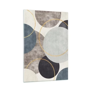 Obraz na szkle - Geometryczne okręgi w odcieniach szarości, błękitu i złota - 70x100cm - Koło za kołem - Nowoczesna dekoracja ścienna do salonu i sypialni ARTTOR