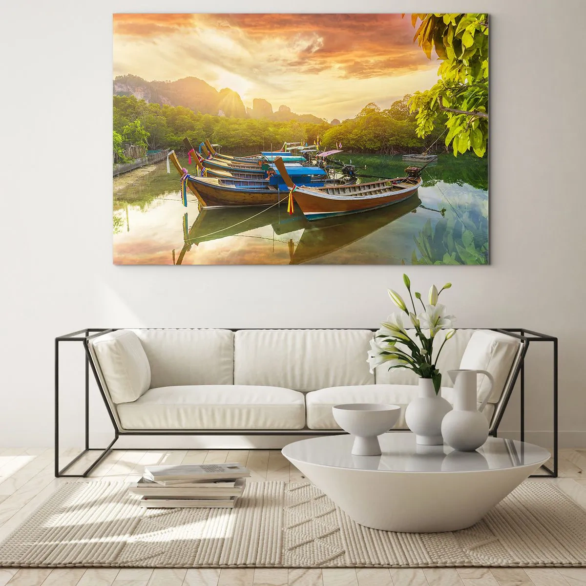Obraz na szkle - Tradycyjne łodzie w tropikalnym krajobrazie o zachodzie słońca - 100x70cm - Przed pracowitym dniem - Nowoczesna dekoracja ścienna do salonu, kuchni i sypialni ARTTOR