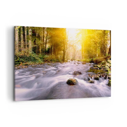 Obraz na płótnie - Leśny strumień oświetlony promieniami słońca - 100x70cm - Malachit w srebrno-złotej oprawie - Nowoczesna dekoracja ścienna do salonu, kuchni i sypialni ARTTOR