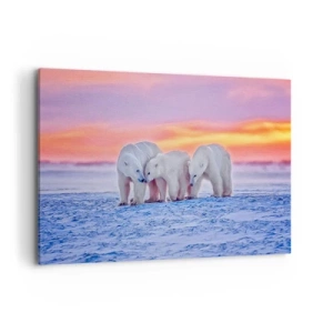 Obraz na płótnie - Trzy niedźwiedzie polarne na tle arktycznego zachodu słońca - 120x80cm - Wystarczy rodzinne ciepło - Nowoczesna dekoracja ścienna do salonu, kuchni i sypialni ARTTOR