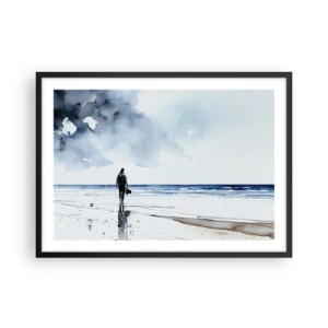 Plakat w czarnej ramie - Postać na plaży w spokojnym otoczeniu morza - 70x50cm - Rozmowa z morzem - Nowoczesna dekoracja ścienna do salonu i sypialni ARTTOR