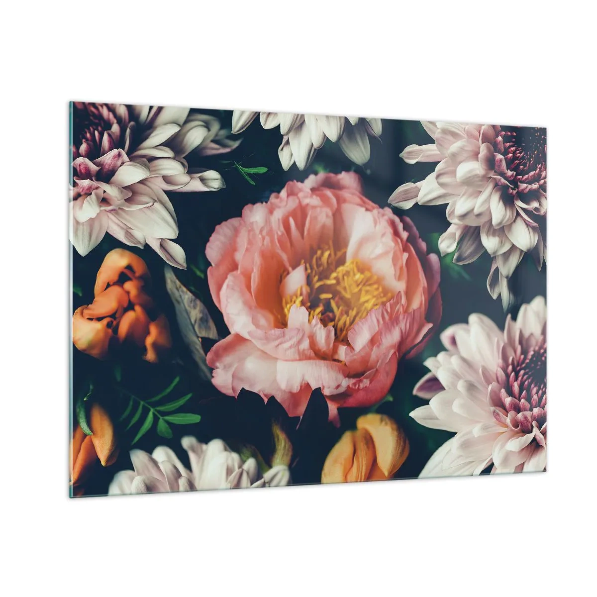 Obraz na szkle - Zbliżenie na piwonie i chryzantemy w pastelowych odcieniach - 100x70cm - Z barokowym przepychem - Nowoczesna dekoracja ścienna do salonu, kuchni i sypialni ARTTOR