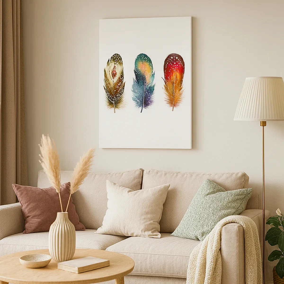 Obraz na płótnie - Trzy kolorowe pióra ozdobione wzorami na białym tle - 50x70cm - Rytuały, obrzędy, tajemnice - Nowoczesna dekoracja ścienna do salonu, kuchni i sypialni ARTTOR