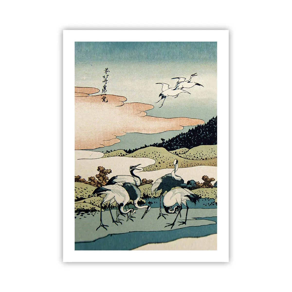 Plakat - Tradycyjna japońska grafika z żurawiami w krajobrazie natury - 50x70cm - W japońskim duchu - Nowoczesna dekoracja ścienna do salonu, kuchni i sypialni ARTTOR