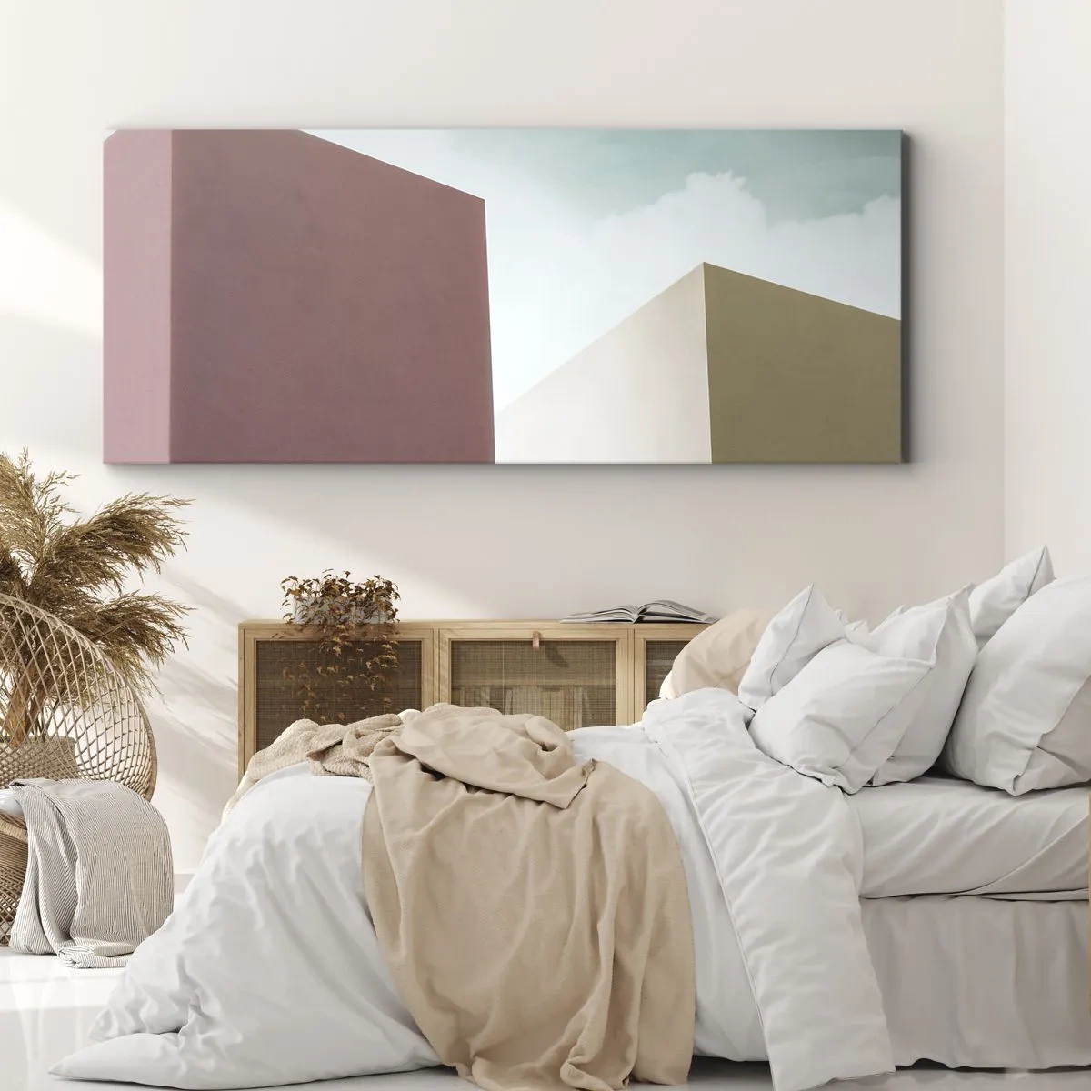 Obraz na płótnie - Minimalistyczna architektura z pastelowymi blokami i niebem - 160x50cm - Geometria słonecznego lata - Nowoczesna dekoracja ścienna do salonu i sypialni ARTTOR