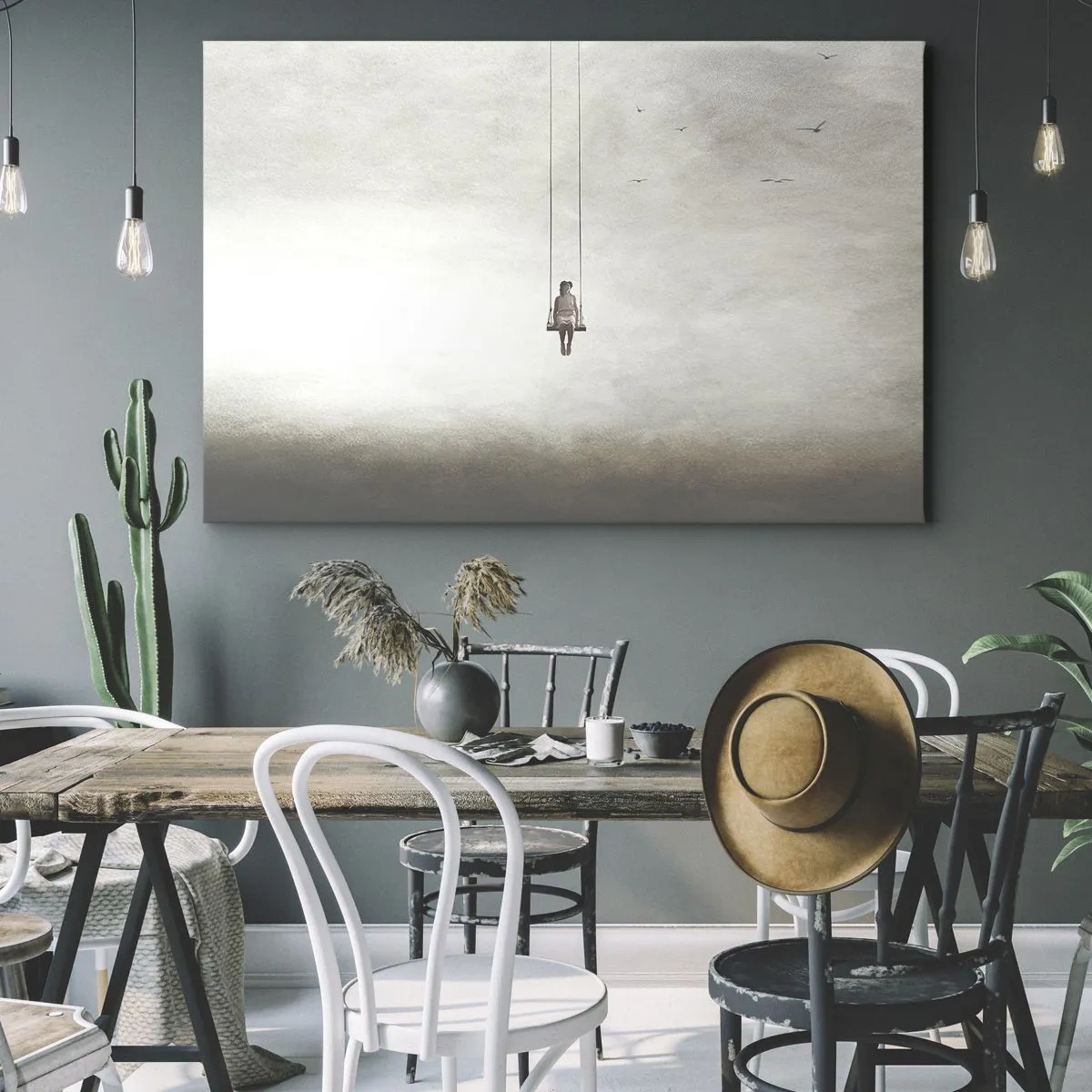 Obraz na płótnie - Postać na huśtawce zawieszonej w przestrzeni - 120x80cm - Dziecko w nas - Nowoczesna dekoracja ścienna do salonu, kuchni i sypialni ARTTOR