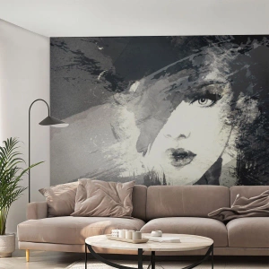 Fototapeta Standard Eco - Abstrakcyjny portret kobiety w czarno-białych odcieniach - 100x70cm - Zza szarego woalu - Nowoczesna dekoracja ścienna do salonu i sypialni ARTTOR