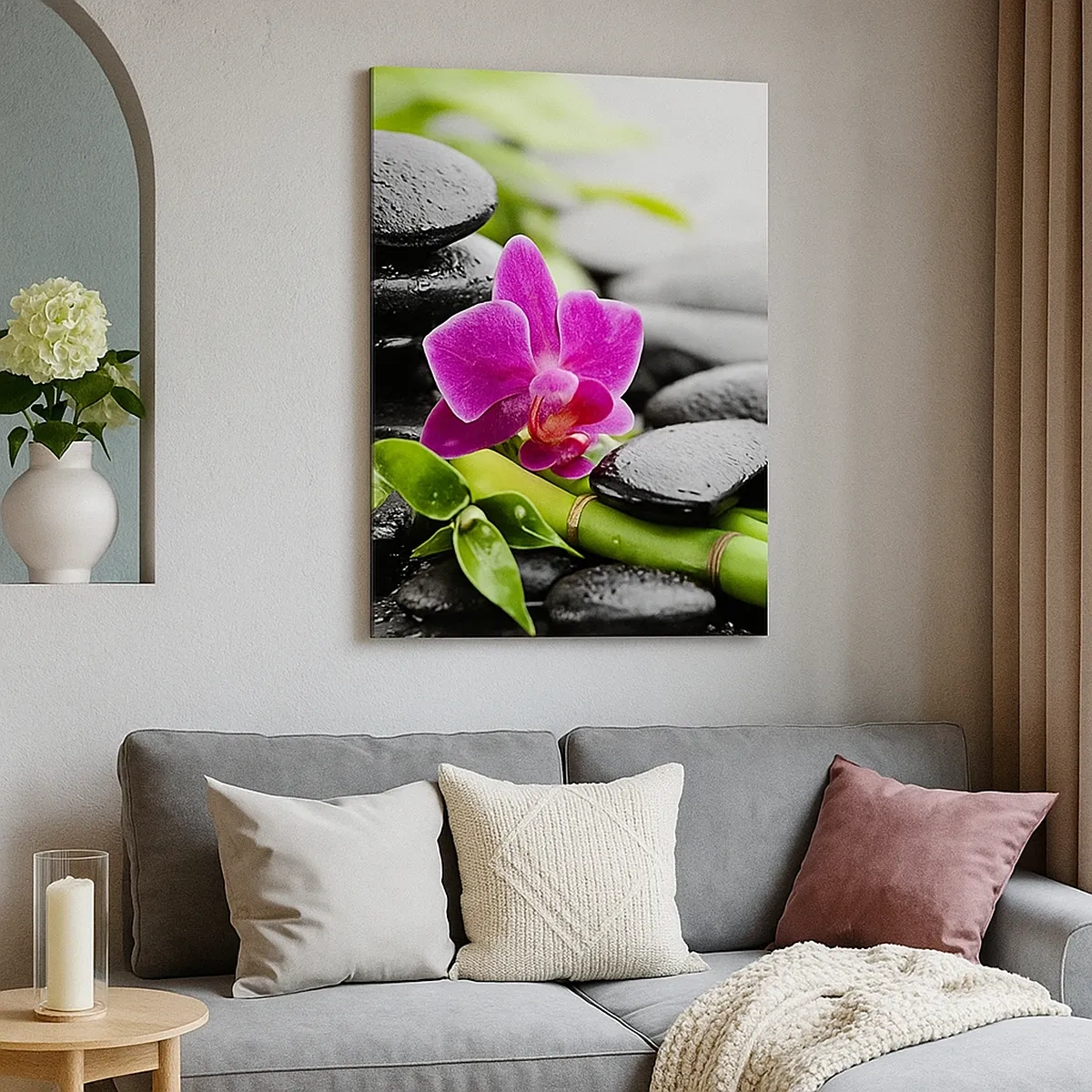 Obraz na płótnie - Orchidea na czarnych kamieniach i bambusie - 50x70cm - W spokojnej równowadze - Nowoczesna dekoracja ścienna do salonu, kuchni i sypialni ARTTOR