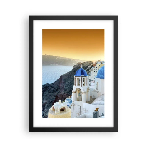 Plakat w czarnej ramie - Santorini - przytulone do skał - 30x40 cm