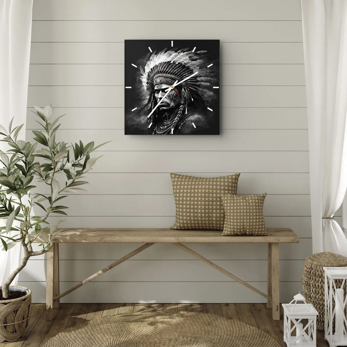 Zegar ścienny - Portret wodza w pióropuszu na czarnym tle - 30x30cm - Wódz i wojownik - Nowoczesna dekoracja ścienna do salonu i sypialni ARTTOR