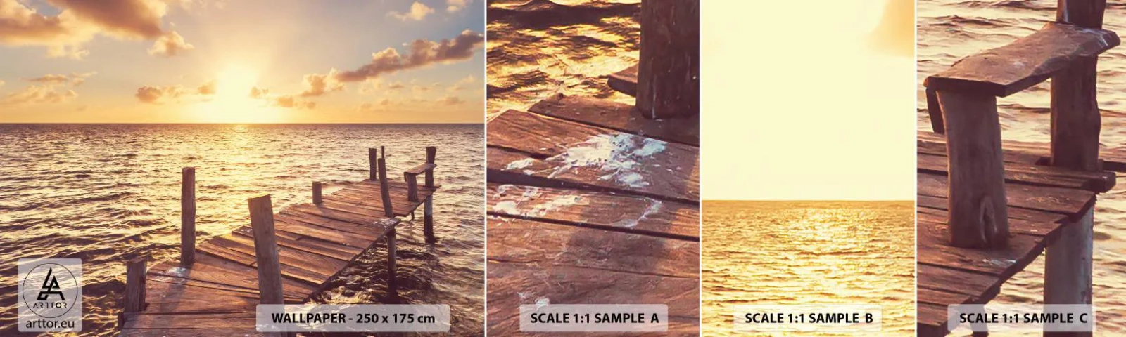 Fototapeta Próbka Samoprzylepna Deluxe Sticker - Złota kraina łagodności - Krajobraz, Morze, Drewniany Pomost - 100x30 cm