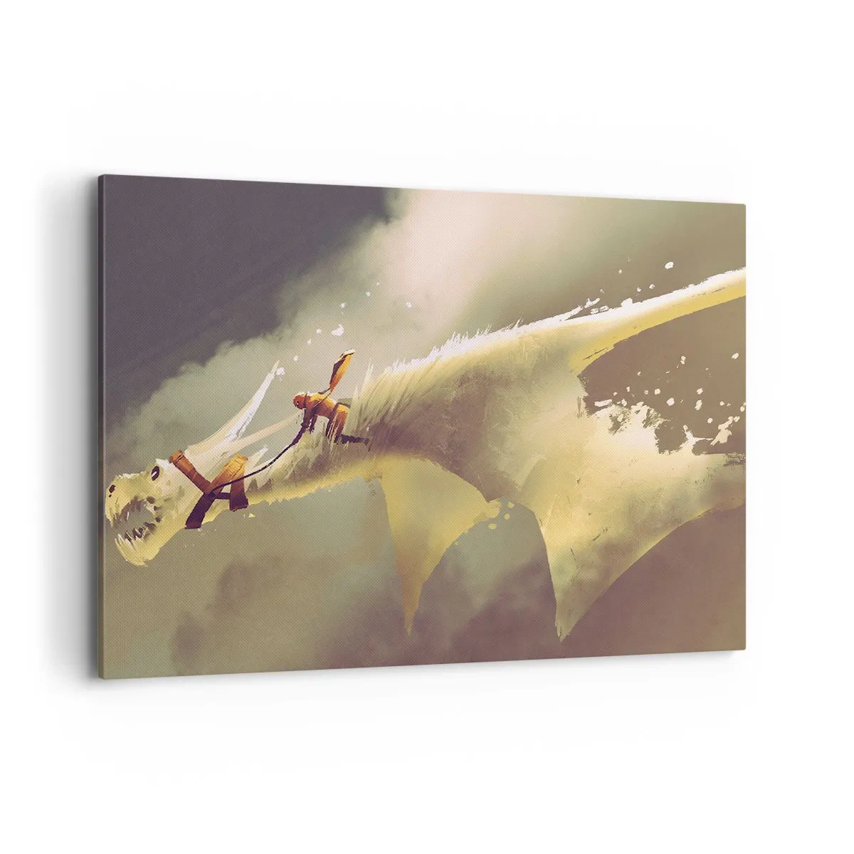 Obraz na płótnie - Ilustracja jeźdźca na smoku w fantastycznej scenerii chmur - 100x70cm - Światu na ratunek - Nowoczesna dekoracja ścienna do salonu, kuchni i sypialni ARTTOR