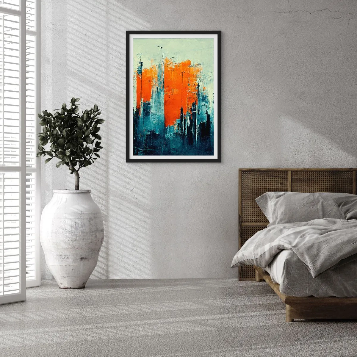Plakat w czarnej ramie - Abstrakcyjna panorama miasta w odcieniach pomarańczu i granatu - 50x70cm - Pejzaż nowoczesny - Nowoczesna dekoracja ścienna do salonu i sypialni ARTTOR