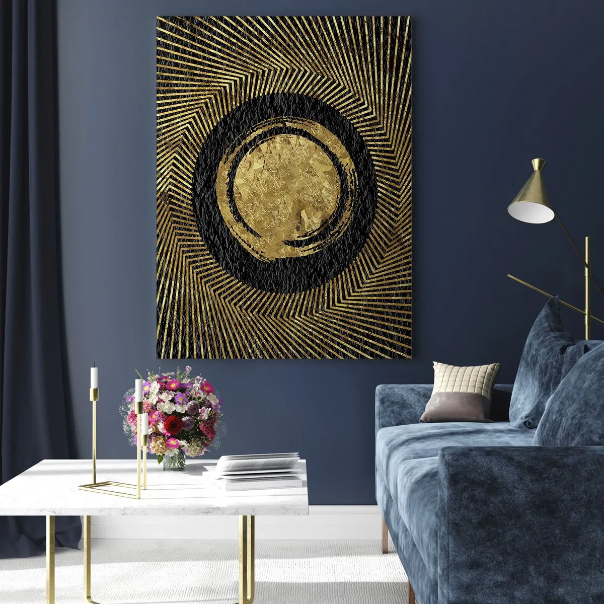 Obraz na szkle - Geometryczna kompozycja w czerni i złocie z promieniami - 80x120cm - Kompozycja glamour - Nowoczesna dekoracja ścienna do salonu i sypialni ARTTOR