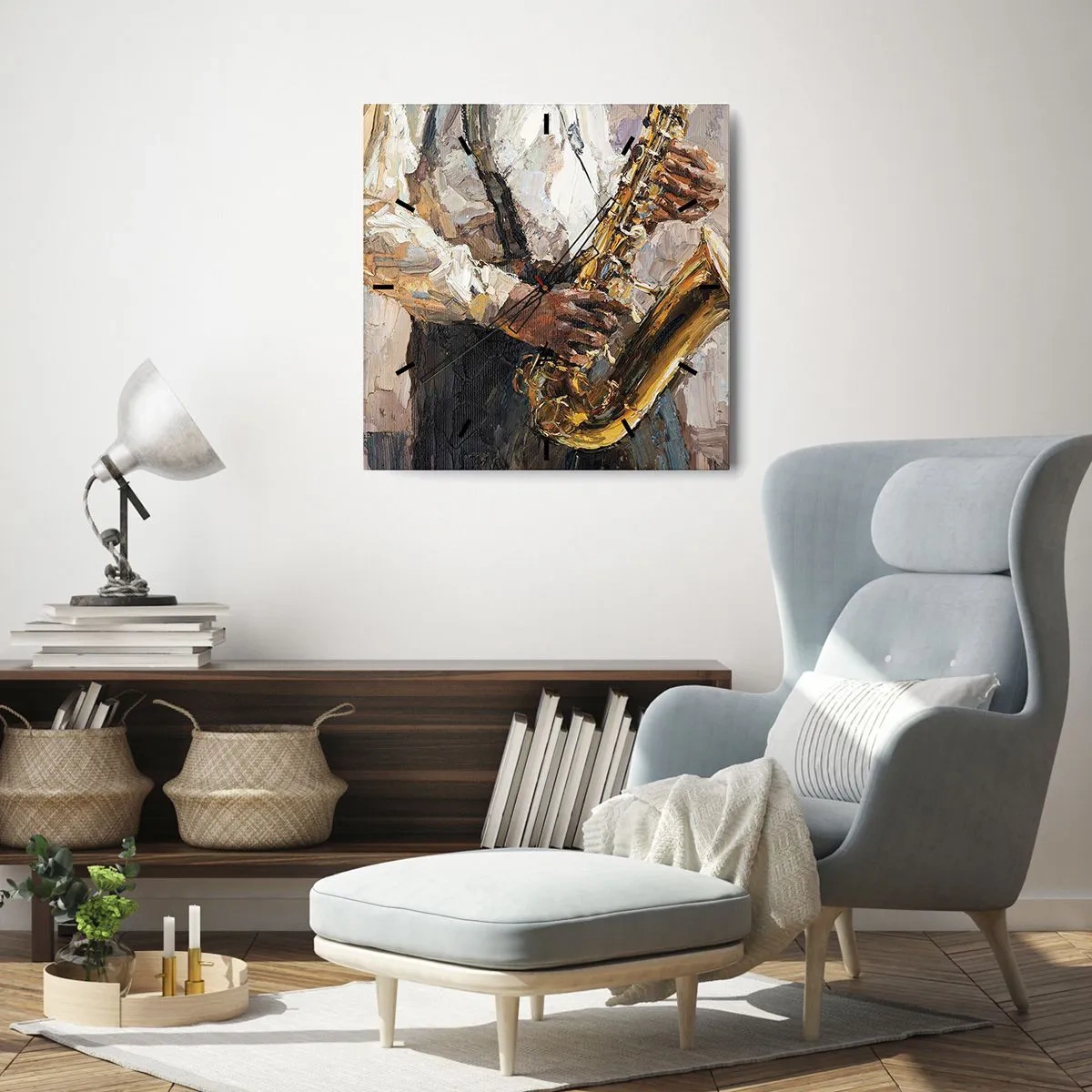Zegar ścienny - Muzyk grający na saksofonie w artystycznym stylu - 30x30cm - Czas na solo - Nowoczesna dekoracja ścienna do salonu i sypialni ARTTOR