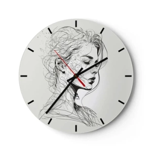 Zegar ścienny - Czarno-biały szkic kobiecej twarzy w zamyśleniu - 30x30cm - Portret w zamyśleniu - Nowoczesna dekoracja ścienna do salonu, kuchni i sypialni ARTTOR