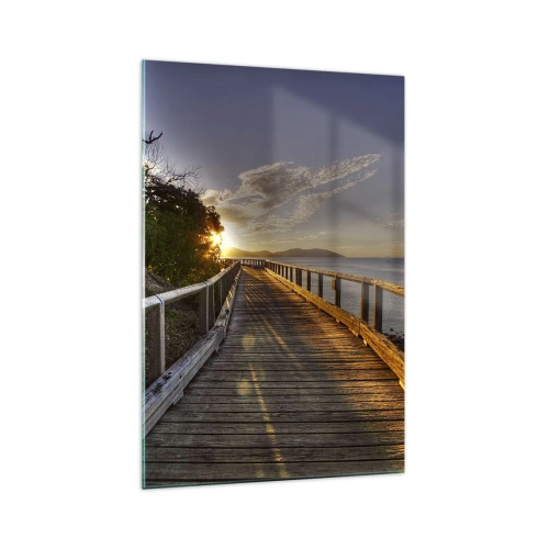 Obraz na szkle - Drewniany pomost prowadzący w stronę zachodu słońca nad wodą - 70x100cm - Iść, ciągle iść w stronę słońca - Nowoczesna dekoracja ścienna do salonu i sypialni ARTTOR