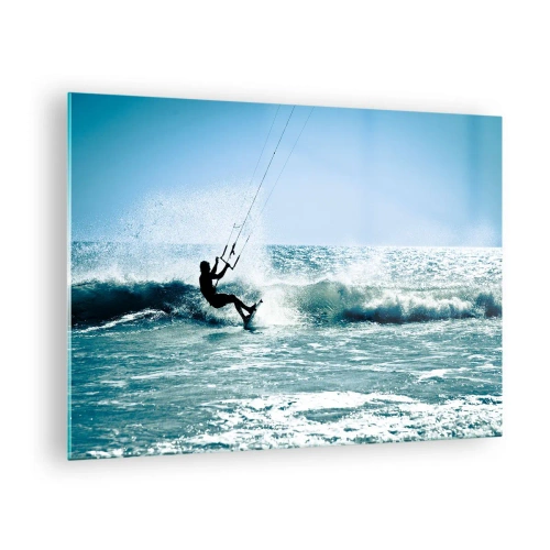 Obraz na szkle - Kitesurfer na falach oceanu w słoneczny dzień - 70x50cm - Daj się ponieść - Nowoczesna dekoracja ścienna do salonu i sypialni ARTTOR