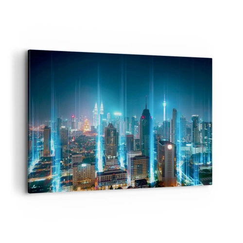 Obraz na płótnie - Nowoczesne miasto nocą z futurystycznymi świetlnymi akcentami - 100x70cm - Po berlińsku do nieba - Nowoczesna dekoracja ścienna do salonu, kuchni i sypialni ARTTOR