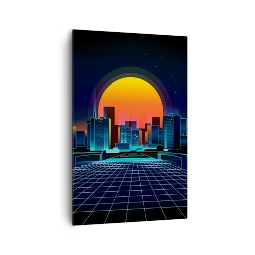 Obraz na płótnie - Futurystyczna panorama miasta w stylu neonowym - 80x120cm - Wciąż chcesz do realu? - Nowoczesna dekoracja ścienna do salonu i sypialni ARTTOR