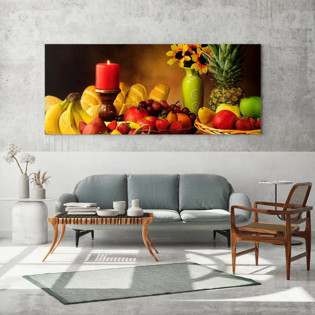 Obraz na szkle - Martwa natura z pieczywem i owocami - 90x30 cm