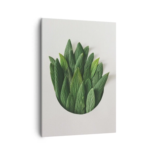 Obraz na płótnie - Kompozycja zielonych liści w okrągłej ramie na jasnym tle - 50x70cm - Nieposkromiona ciekawość - Nowoczesna dekoracja ścienna do salonu, kuchni i sypialni ARTTOR