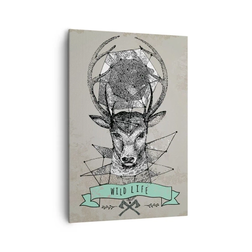 Obraz na płótnie - Geometria jelenia z napisem Wild Life w stylu vintage - 70x100cm - Widzenie św. Hubertusa - Nowoczesna dekoracja ścienna do salonu i sypialni ARTTOR