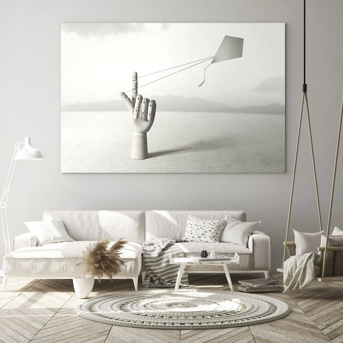 Obraz na szkle - Drewniana dłoń trzymająca na palcu unoszący się latawiec - 70x50cm - Próba sił - Nowoczesna dekoracja ścienna do salonu i sypialni ARTTOR