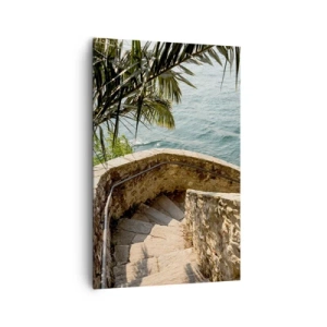 Obraz na płótnie - Kamienne schody prowadzące w dół nad turkusową wodę otoczoną palmami - 80x120cm - Pod słońcem Italii - Nowoczesna dekoracja ścienna do salonu i sypialni ARTTOR