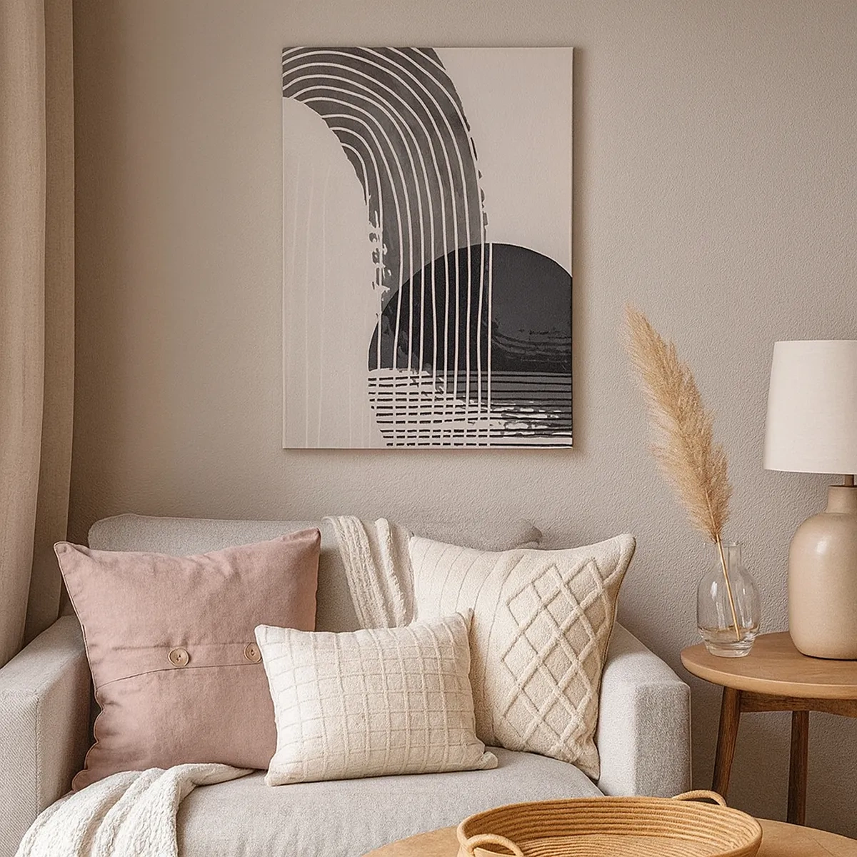 Obraz na płótnie - Abstrakcyjna kompozycja czarno-białych łuków i okręgów - 50x70cm - Tam i z powrotem - Nowoczesna dekoracja ścienna do salonu, kuchni i sypialni ARTTOR