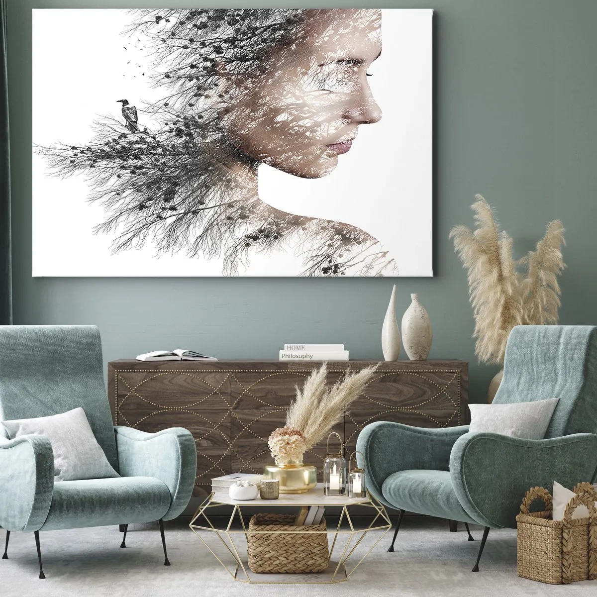 Obraz na płótnie - Sylwetka kobiety z motywem gałęzi i ptaka w tle - 70x50cm - Duch lasu - Nowoczesna dekoracja ścienna do salonu i sypialni ARTTOR