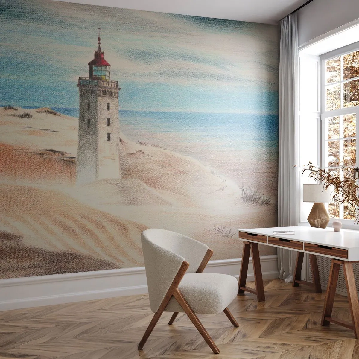 Fototapeta Premium Sand - Latarnia morska na pustynnej plaży w malarskiej interpretacji - 100x70cm - Zawsze wpatrzona w morze - Nowoczesna dekoracja ścienna do salonu, kuchni i sypialni ARTTOR