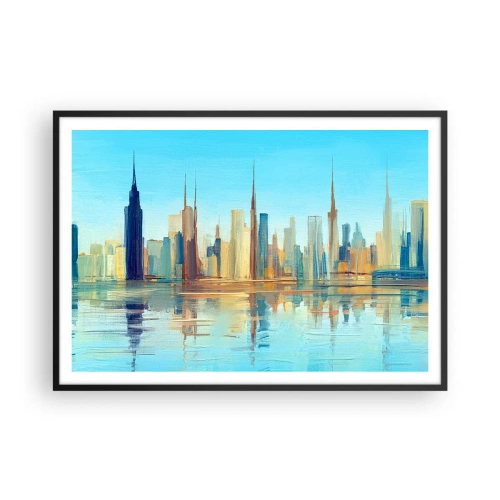 Plakat w czarnej ramie - Panorama miasta w ciepłych barwach z odbiciem w wodzie - 100x70cm - Słoneczna metropolia - Nowoczesna dekoracja ścienna do salonu i sypialni ARTTOR