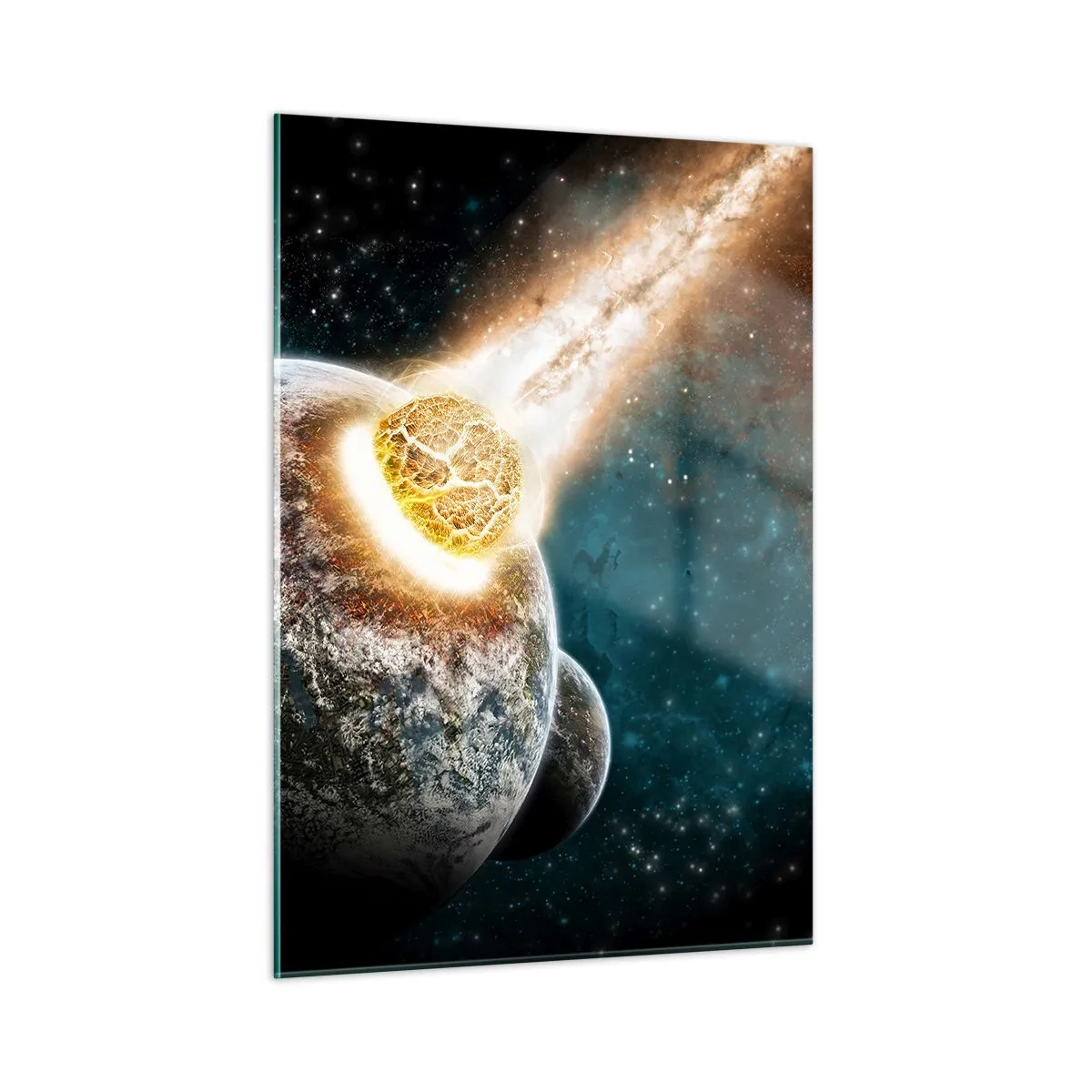 Obraz na szkle - Planeta zderzająca się z meteorytem - 50x70cm - Zagłada czy narodziny? - Nowoczesna dekoracja ścienna do salonu, kuchni i sypialni ARTTOR