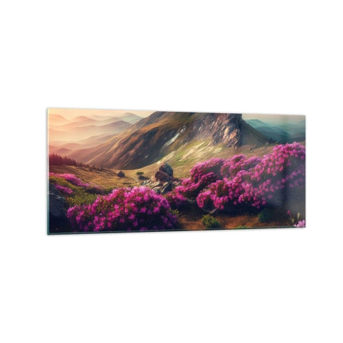 Obraz na szkle - Górski krajobraz z kwitnącymi rododendronami - 120x50cm - Lato w górach - Nowoczesna dekoracja ścienna do salonu i sypialni ARTTOR
