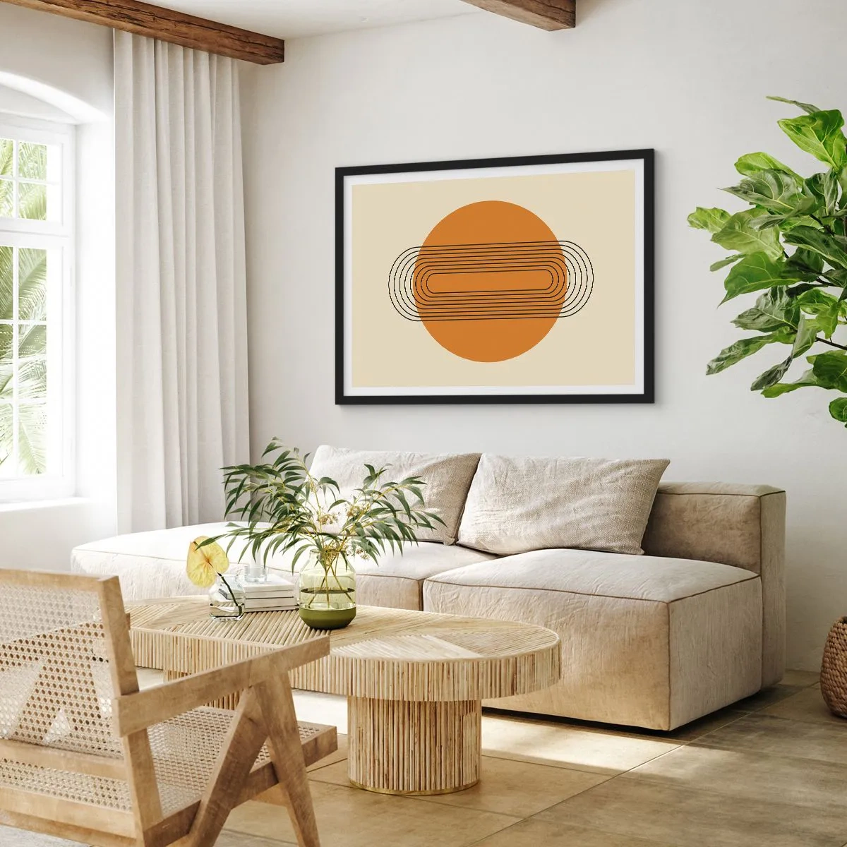 Plakat w czarnej ramie - Geometryczny wzór z pomarańczowym kołem i liniami - 70x50cm - Plan doskonały - Nowoczesna dekoracja ścienna do salonu i sypialni ARTTOR