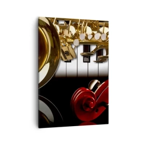 Obraz na płótnie - Muzyczne instrumenty w eleganckiej kompozycji - 50x70cm - Blacha, drewno i kość słoniowa - Nowoczesna dekoracja ścienna do salonu, kuchni i sypialni ARTTOR